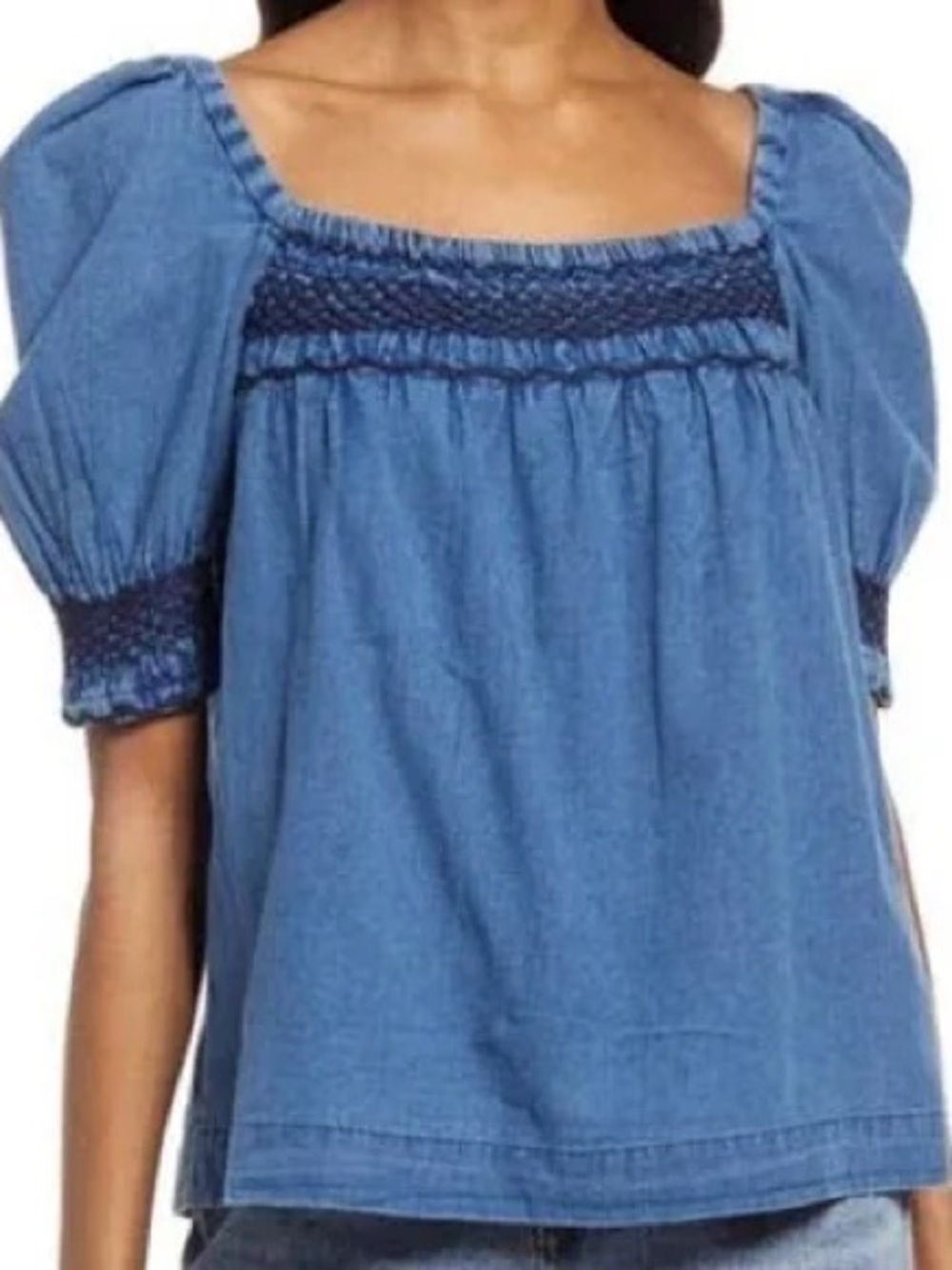 Faherty Presley Chambray Top Small Organic Cotton Smocked Puff Sleeve Blue